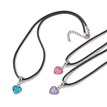 Heart with Fish Scale Shape 304 Stainless Steel with Resin Pendant Necklaces, with Imitation Leather Cords, Mixed Color, 17.52 inch(44.5cm)