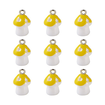 Plastic Pendants, with Platinum Plated Iron Loop, Mushroom with Polka Dots, Yellow, 17.5x11.5x12mm, Hole: 1.5mm