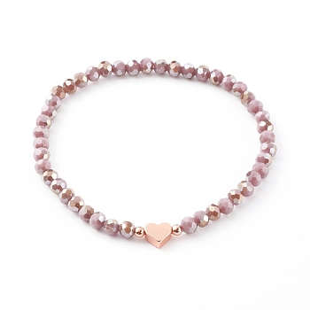 Electroplate Faceted Round Glass Beaded Bracelets, with Brass Heart Beads, Rose Gold, Plum, Inner Diameter: 2-3/8 inch(6cm)
