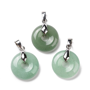 Natural Green Aventurine Pendants, with Platinum Tone Brass Findings, Cadmium Free & Lead Free, Donut/Pi Disc, 24~25x20x8.5mm, Hole: 8x5mm