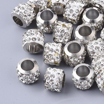 Polymer Clay Rhinestone European Beads, with Brass Single Cores, Large Hole Beads, Column, Crystal, Platinum, PP11(1.7~1.8mm), 8.5x7mm, Hole: 5mm