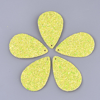 PU Leather Big Pendants, with Glitter Sequins/Paillette, Teardrop, Yellow, 57.5x37x2.5mm, Hole: 1.8mm