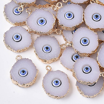 Druzy Resin Pendants, with Edge Light Gold Plated Iron Loops, Flat Round with Eye, Gainsboro, 20~23x17~18x5mm, Hole: 1.8mm
