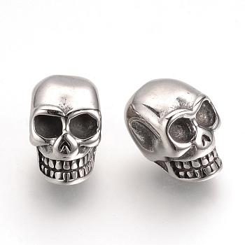 304 Stainless Steel Beads, Skull, Antique Silver, 17x10.5x12.5mm, Hole: 3.5~4mm