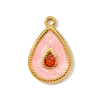 304 Stainless Steel Enamel Pendants, Teardrop Charms, Ion Plating(IP), Real 18K Gold Plated, Pink, 23x15mm