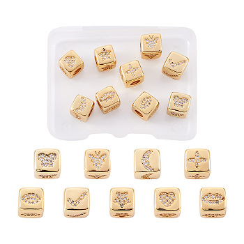 9Pcs 9 Style Brass Micro Pave Cubic Zirconia European Beads, Large Hole Beads, Long-Lasting Plated, Cube with Pattern, Golden, 9x9x9.5mm, Hole: 4.5mm, 1pc/style