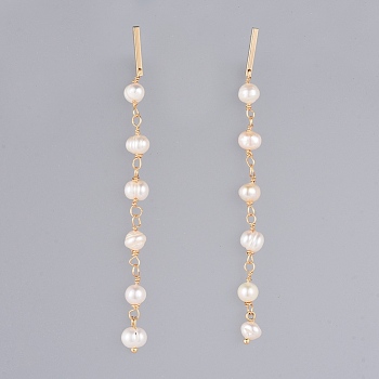 Studs Earring, with Natural Freshwater Pearl and Brass Findings, Real 18K Gold Plated, 80~83mm, Pin: 0.9mm