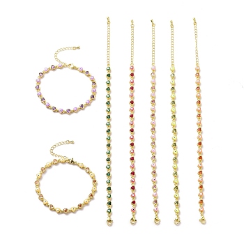 Enamel Evil Eye & Cubic Zirconia Heart Link Chain Bracelet, Golden Brass Jewelry for Women, Mixed Color, 7-1/8 inch(18.2cm)