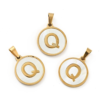 Vacuum Plating 304 Stainless Steel with White Shell Pendants, Golden, Flat Round with Letter Charm, Letter.Q, 18x16x1.5mm, Hole: 3x6mm