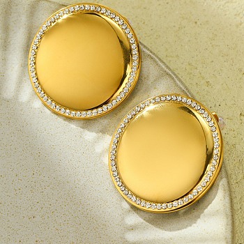 304 Stainless Steel Stud Earrings, with Rhinestone, Jewelry for Women, Real 18K Gold Plated, Flat Round, 39.5mm