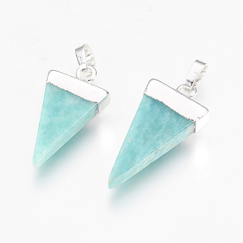 Natural Amazonite Pendants, with Brass Findings, Triangle, Silver, 27~29x12~13x4~5mm, Hole: 4x6mm