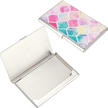 Epoxy Hand-push Type Business Cards Stroage Box, with 304 Stainless Steel Frame, Rectangle with Pattern, Colorful, 93x61x7mm