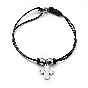 304 Stainless Steel Angel Charm Bracelet with Waxed Cord for Women, Stainless Steel Color, 7 inch(17.8cm)