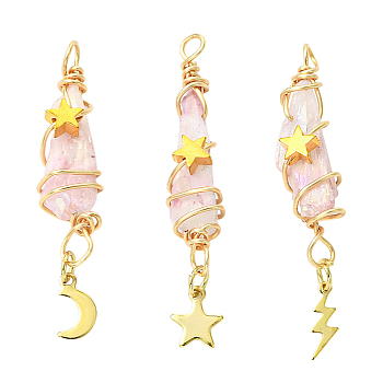 3Pcs 3 Styles Electroplated Natural Quartz Crystal Big Pendants, Teardrop Copper Wire Wrapped Gems Charms with 304 Stainless Steel Moon Star Lightning Charms, Golden, Pearl Pink, 51.8mm, Hole: 3.4mm, 1pc/style