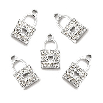 Alloy Rhinestone Pendants, Platinum Tone Lock with Hollow Out Heart Charms, Crystal, 21x11x3mm, Hole: 2.2mm