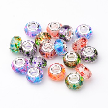 Resin European Beads, Large Hole Rondelle Beads, with Brass Cores, Silver Color Plated, Mixed Color, 14x9mm, Hole: 4.5mm
