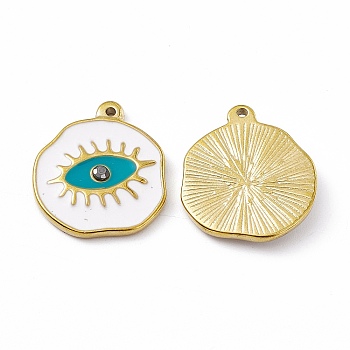 Vacuum Plating 201 Stainless Steel Enamel Pendants, Real 18K Gold Plated, Flat Round with Eye Charm, White, 22x19x3mm, Hole: 1.4mm