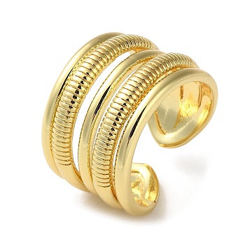 Rack Plating Brass Multi Lines Open Cuff Rings, Cadmium Free & Lead Free, Real 18K Gold Plated, Inner Diameter: 18mm