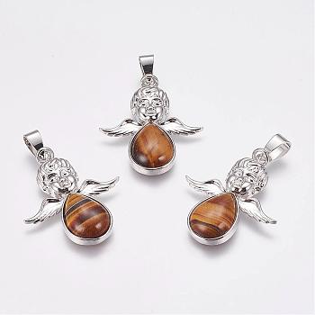 Natural Tiger Eye Pendants, Angel, with Brass Finding, Platinum, 35x29.5x6mm, Hole: 4x7mm