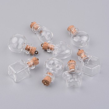 Glass Bottle Pendants, with Wood Cork Stopper, Mixed Shapes, Clear, 32.5~34.5x15~22x11~20mm, Hole: 1.5mm, Bottle Capacity: 1~2.5ml(0.03~0.08 fl. oz)