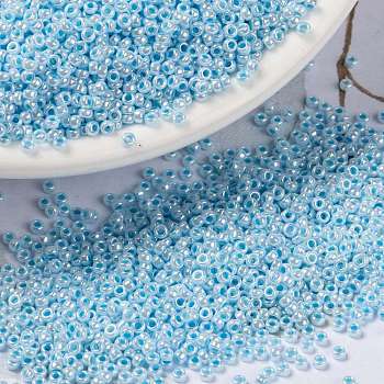 MIYUKI Round Rocailles Beads, Japanese Seed Beads, (RR430) Aqua Lined White Pearl, 15/0, 1.5mm, Hole: 0.7mm, about 5555pcs/bottle, 10g/bottle
