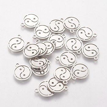 Feng Shui 304 Stainless Steel Charms, Flat Round with Yin Yang, Stainless Steel Color, 14x12x1mm, Hole: 1mm