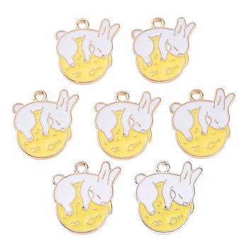 Alloy Sleeping Bunny Pendants, Cadmium Free & Lead Free, with Enamel, Rabbit with Moon, Light Gold, Gold, 21x19x1mm, Hole: 2mm