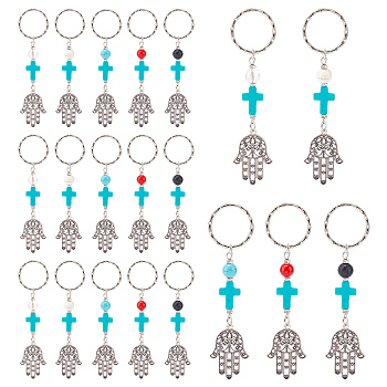 AHADERMAKER 20Pcs 5 Style Mixed Gemstone Bead and Synthetic Turquoise beads Keychain, Tibetan Style Alloy Pendants, Spacer Beads and Iron Eye Pin, Cross & Hamsa Hand with Eye, 10cm, 4pcs/style