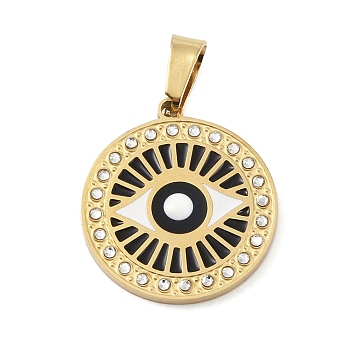 Ion Plating(IP) 304 Stainless Steel Enamel Rhinestone Pendants, Eye Charms, Real 18K Gold Plated, 23.5x21x2.5mm, Hole: 6.5x4mm
