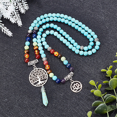 Synthetic Turquoise Bullet & Alloy Tree & Lotus Stone Pendant Necklace(NJEW-AB00016-01)-4