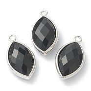 Natural Obsidian Pendants, with Platinum Brass Edge, Faceted, Horse Eye, 22x12x5.5mm, Hole: 1.8mm(G-B009-01P-E)