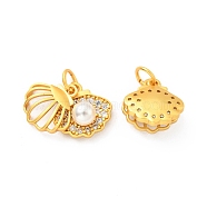 ABS Plastic Imitation Pearl Pendants, with Cubic Zirconia & Brass Findings and Jump Rings, Cadmium Free & Lead Free, Shell, Matte Gold Color, 19mm, Hole: 4.2mm(KK-G429-04MG)