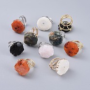 Adjustable Natural Rough Raw Mixed Stone Finger Rings, with Brass Findings, Nuggets, Mixed Color, Size 8~9, 18~19.5mm(RJEW-F100)