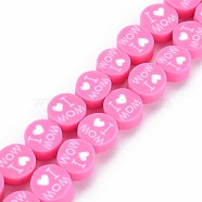Handmade Polymer Clay Bead Strands, Mother's Day Theme, Flat Round with Word I Love MOM, Hot Pink, 8x4mm, Hole: 1.4mm, about 40pcs/strand, 13.58 inch~ 14.37 inch(34.5cm~36.5cm)(CLAY-S096-013A)