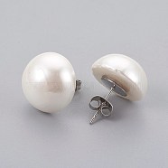 Shell Pearl Beads Ear Studs, with 304 Stainless Steel Findings, Flat Round, Stainless Steel Color, 16x9mm, Pin: 0.7mm(EJEW-JE02894-03)