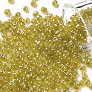 Glass Seed Beads, Trans. Colours Lustered, Round, Yellow, 4mm, Hole: 1.5mm, about 500pcs/50g, 50g/bag, 18bags/2pounds(SEED-US0003-4mm-110)
