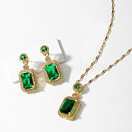 Brass Micro Pave Cubic Zirconia Jewelry Sets for Women, Dangle Stud Earring & Pendant Necklaces, Rectangle, Real 18K Gold Plated, Green, 15-3/4 inch(40cm) & 30x15mm(CT9369-2)