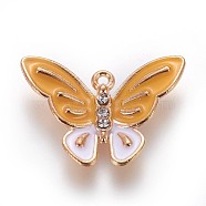 Zinc Alloy Pendants, with Enamel and Rhinestone, Butterfly, Light Gold, Gold, 18x25.5x3.5mm, Hole: 1mm(ENAM-P163-19C)