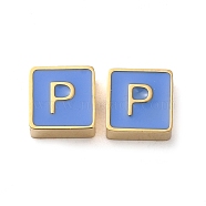 304 Stainless Steel Enamel Beads, Real 14K Gold Plated, Square with Letter, Letter P, 8x8x4mm, Hole: 2mm(STAS-L022-293G-P)
