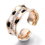 Clear Cubic Zirconia Wave Open Cuff Ring with Enamel, Brass Jewelry for Women, Cadmium Free & Nickel Free & Lead Free, Real 18K Gold Plated, US Size 6(16.5mm)(RJEW-N039-03LG)