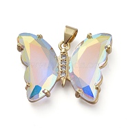 Brass Micro Pave Clear Cubic Zirconia Pendants, with Glass, Butterfly, Golden, Clear AB, 20x26.5x5mm(ZIRC-P079-A01-02)