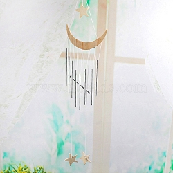 Metal Tube Wind Chimes, Wooden Pendant Decorations, Moon & Star, Cornsilk, 530mm(WICH-PW0001-18A)
