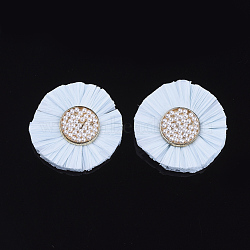 Bohemia Style Raffia Decoration Accessories, with ABS Plastic Imitation Pearl & Alloy Findings, Flat Round, Golden, Light Cyan, 35.5~37.5x6.5mm(FIND-T060-001H)