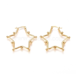 304 Stainless Steel Hoop Earrings, Hypoallergenic Earrings, with Round Beads, Star, Golden, 34.5x37.5x3mm, Pin: 0.5x0.9mm(EJEW-E258-03G)