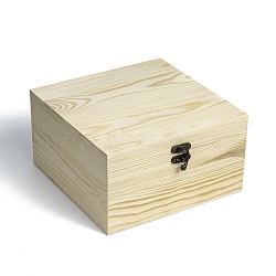 Unfinished Wooden Storage box, Natural Pinewood Gift Box, with Retro Iron Clasp, Square, Light Yellow, 20x20x11cm(CON-C008-05C)