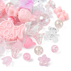 Opaque & Transparent Acrylic Beads, Mixed Shapes, Pink, 7.5~33x7.5~43.5x4.5~16mm, Hole: 1.2~4mm, about 50g/bag(MACR-YW0002-01C)
