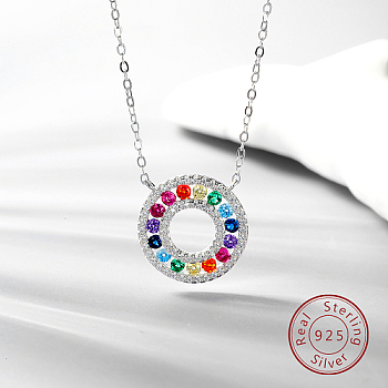 925 Sterling Silver Micro Pave Cubic Zirconia Pendant Necklaces, Donut, Colorful, 15.75 inch(40cm)