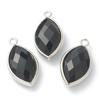 Natural Obsidian Pendants, with Platinum Brass Edge, Faceted, Horse Eye, 22x12x5.5mm, Hole: 1.8mm
