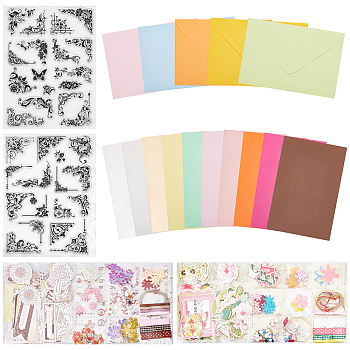 Globleland 2 Sets DIY Envelope & Card Craft Kits, with 2 Sheets PVC Plastic Clear Stamps, for Greeting Card Making, Mixed Color