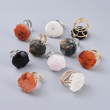 Adjustable Natural Rough Raw Mixed Stone Finger Rings, with Brass Findings, Nuggets, Mixed Color, Size 8~9, 18~19.5mm